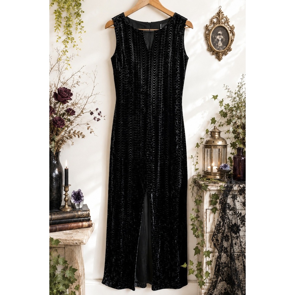 Roots‎ Black Burnout Velvet Maxi Dress Beaded Neck Sleeveless Whimsigoth 18